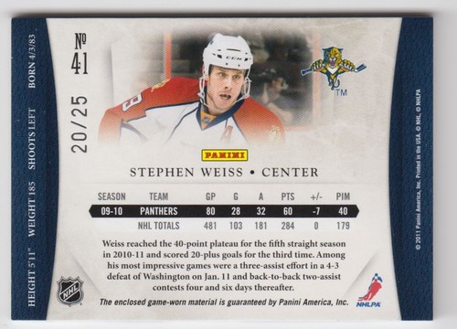 2010-11 Panini Dominion Blue Game Used Patch Stephen Weiss /25 Florida Panthers - Picture 2 of 2