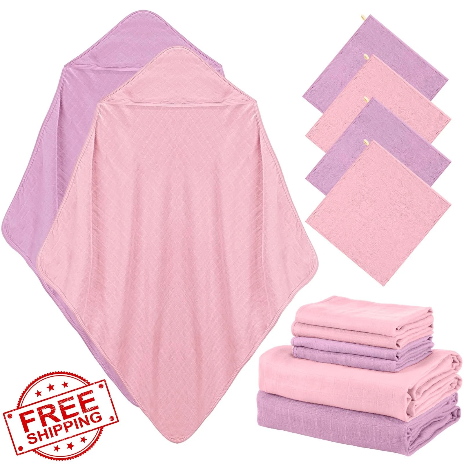 Preboun Light Pink/Purple Hooded Baby Towel 6 Pcs