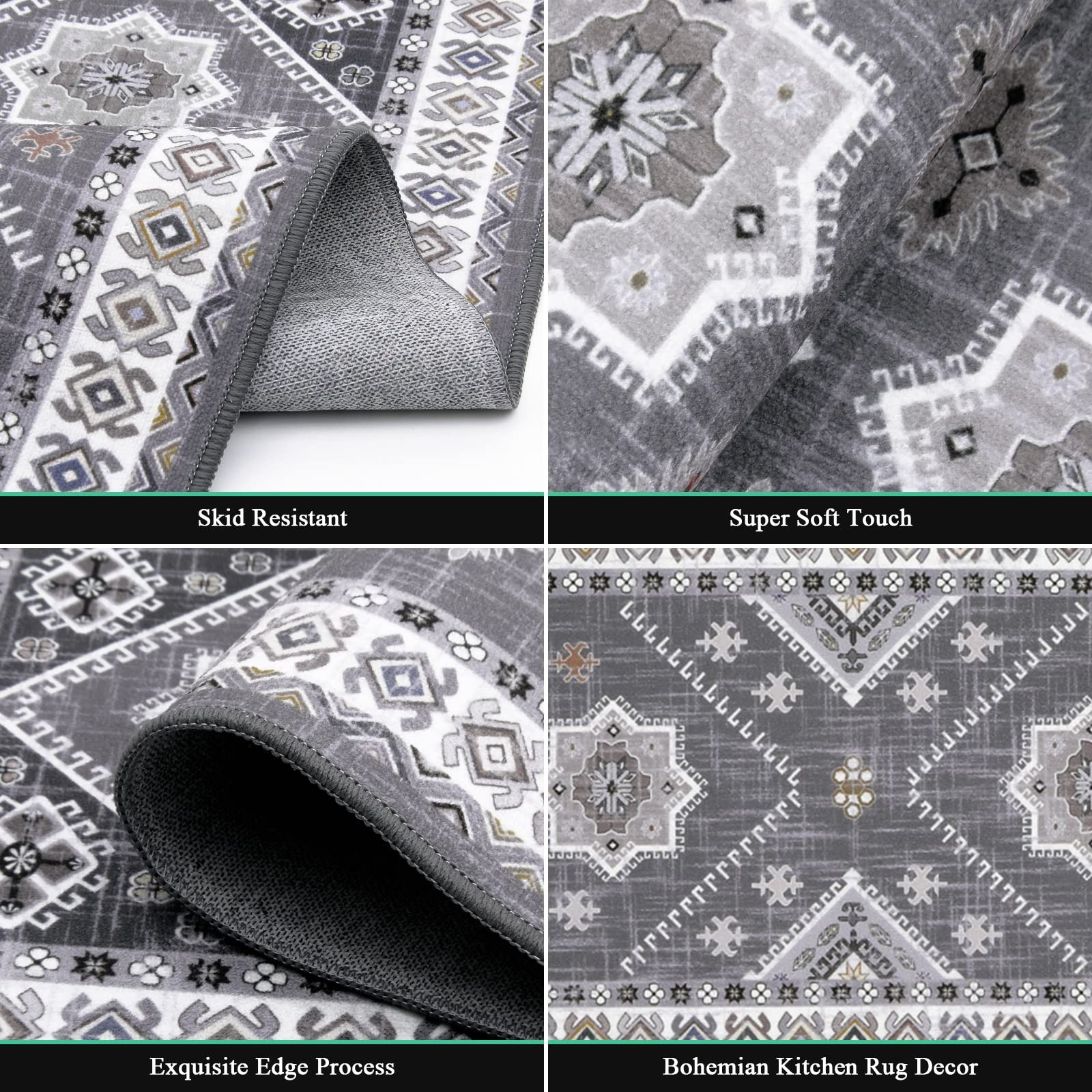 HEBE Boho Kitchen Rug Sets 3 Piece with Runner Non Slip Kitchen Rugs and Mats...