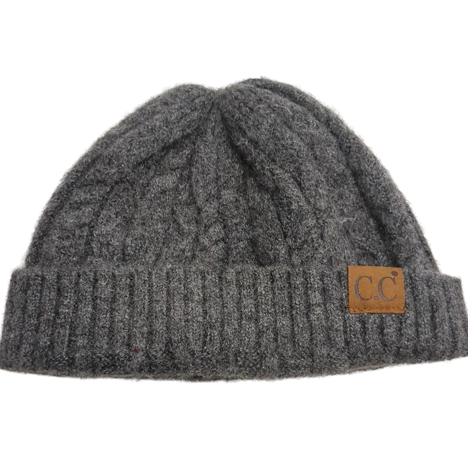 Coach Knit Beanie Hat B8320 Ribbed Knit Pull On Cap Gray Leather "CC" Tag SOFT - Image 3 of 4