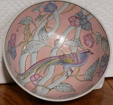 Vintage WBI Porcelain Bowl Vase Chinoiserie Pink Bird 8"
