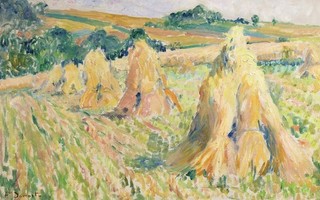 HENRIETTE DAMART (1885 1945) LARGE SIGNED FRENCH OIL HAYSTACKS IN FIELD
