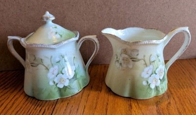 R&S Germany Sugar And Creamer  Green With White Flowers Hand painted Gold Trim