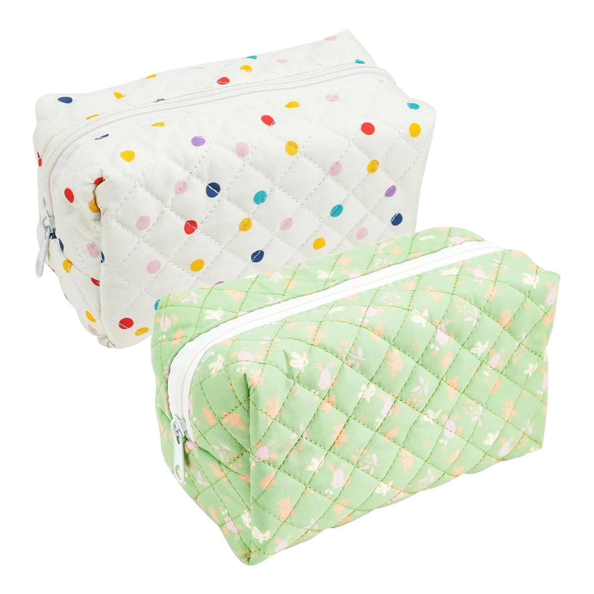 Cotton Makeup Bags Quilted Travel Cosmetic Organizer 2pcs – White/Green