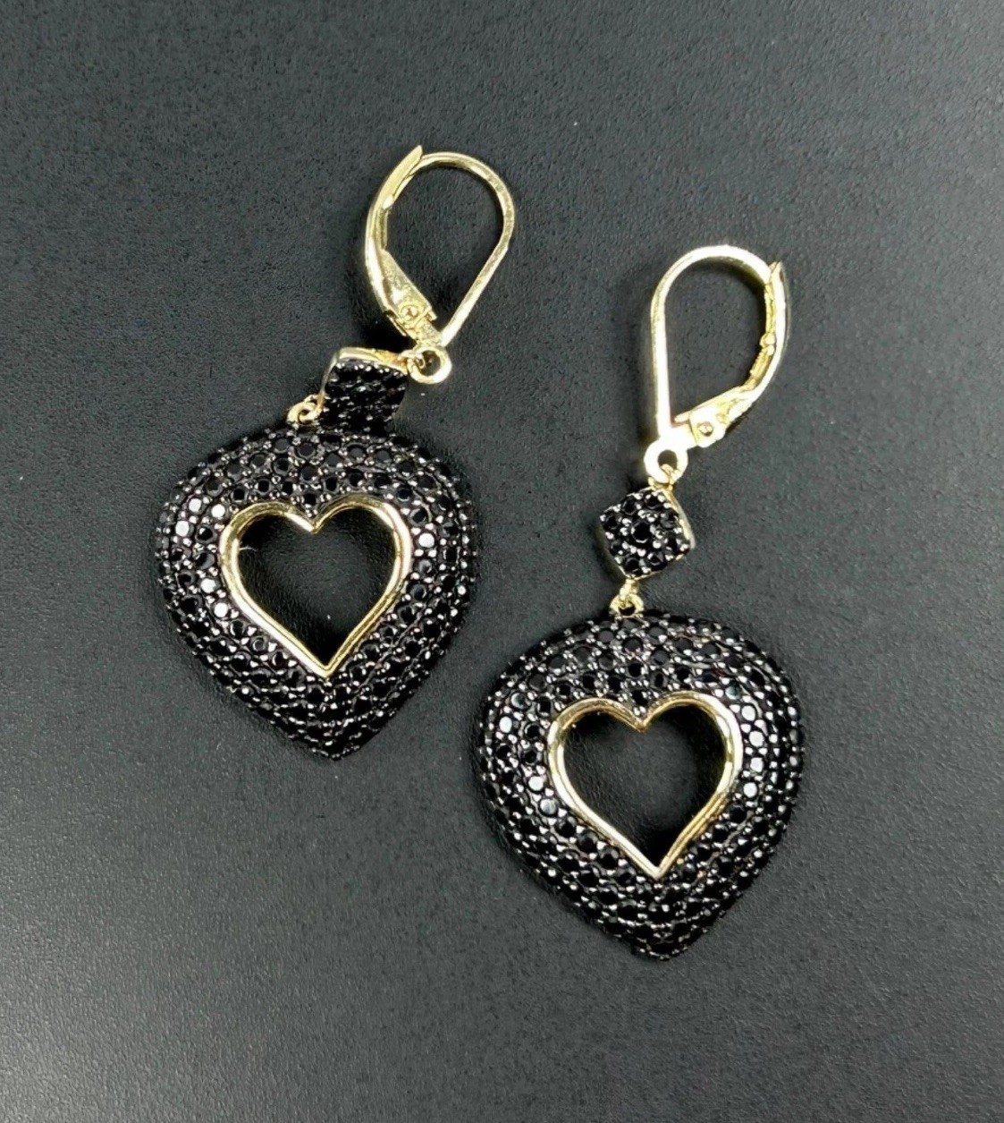 Sterling Silver Gold Vermeil Heart Leverback Earrings with Black Crystal  