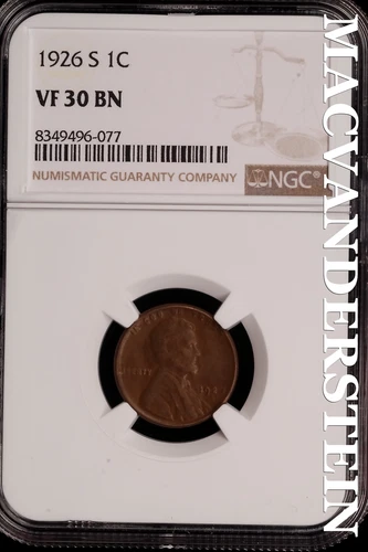 1926-S Lincoln Wheat Cent - NGC VF 30 BN - Scarce  No Reserve  #SLH202