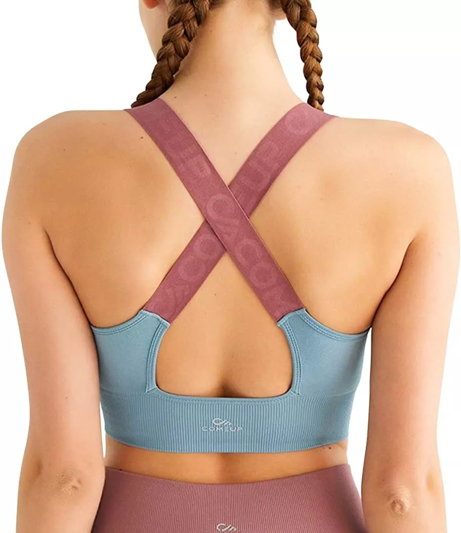 COMEUP Seamless Cross Back Colorful Strap Sports Bra for Women- Removable  Bra Pa