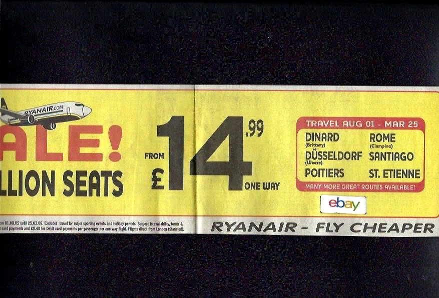 RYANAIR 737-800 JETS SALE! MILLION SEATS EURO ONE WAY LONDON-ROME AD