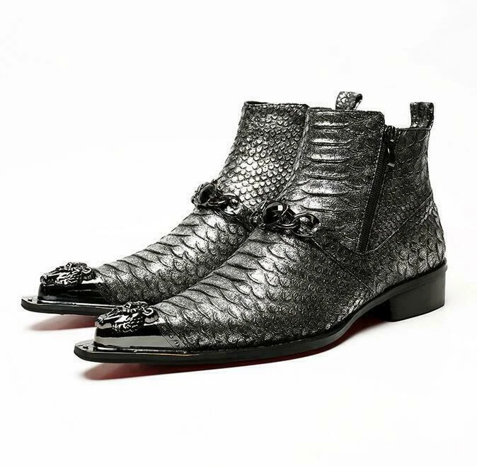 Zapatos de cuero elegantes con punta de ala puntiaguda cabeza de metal texturizado para hombre Foto 2 de 4
