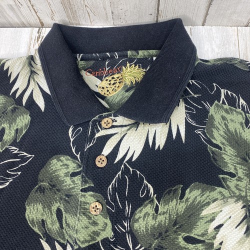 Caribbean Mens Size XL Black Camp Polo Shirt 1/4 Button Up Short Sleeve Floral - Picture 4 of 7