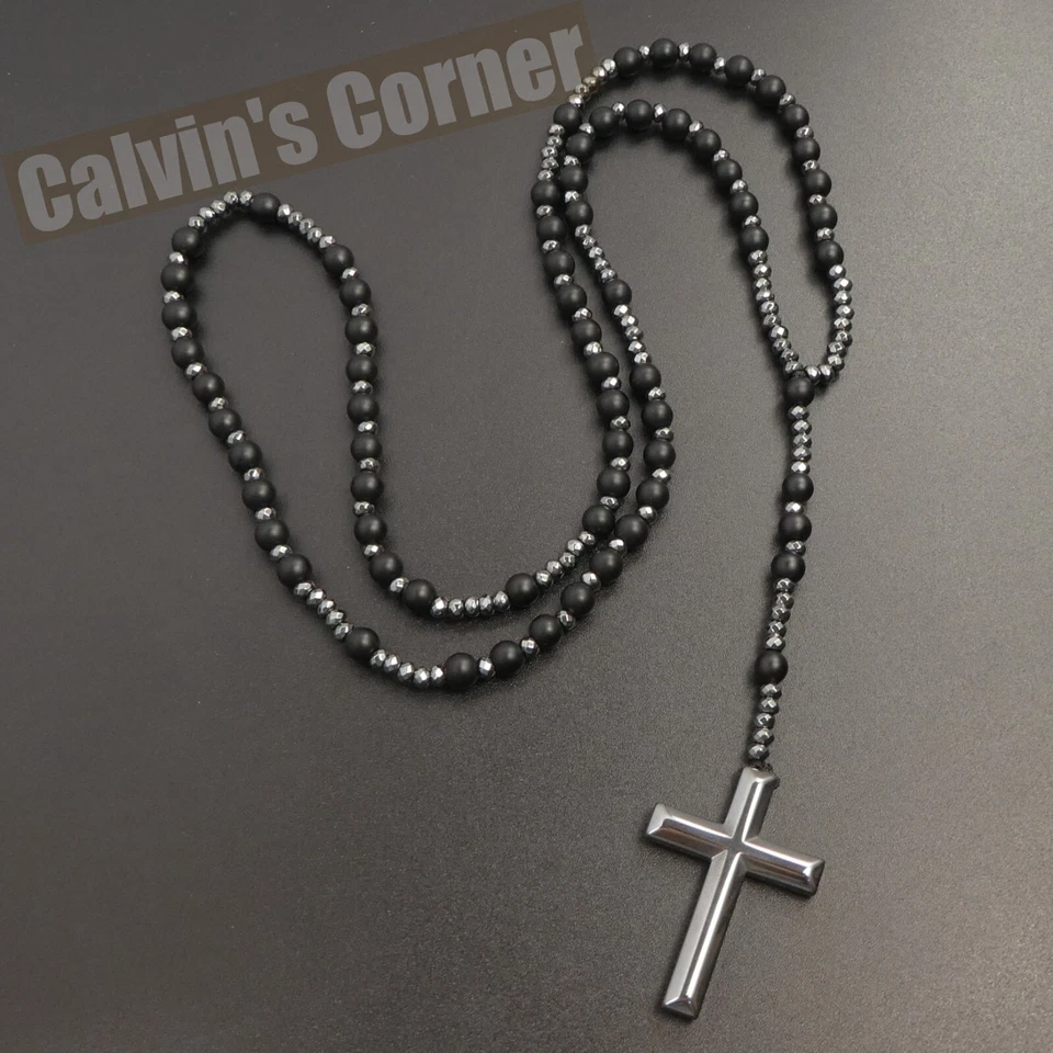 Collar Rosario Hematita Ónix Negro Mate Católico Cristo Cruz Hombres Mujeres Regalo Foto 3 de 4