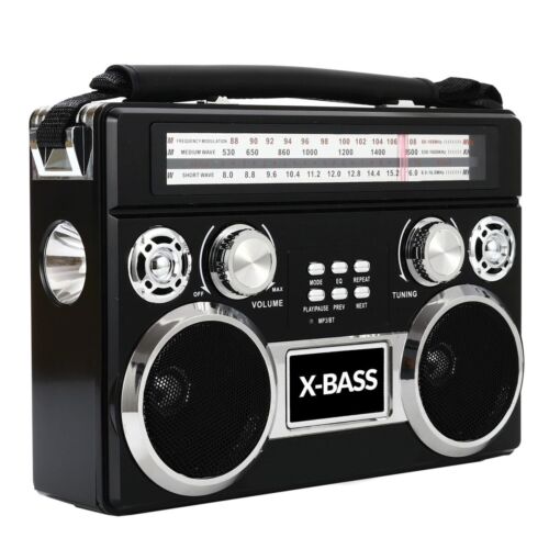 Naddźwiękowe czarne przenośne retro 3-pasmowe radio AM / FM / SW z boomboxem Bluetooth - Zdjęcie 1 z 2