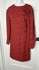 VTG Louis Feraud Red Silk Shift Dress Long Sleeves Floral 3d Accent sz US 8