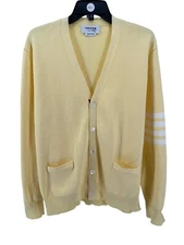 Thom Browne Men's Yellow Cotton V-Neck 4-Bar Cardigan Sweater Size 4 (US XL)