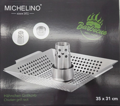 Michelino Hähnchenhalter Edelstahl mit Grillkorb BBQ Geflügelbräter 2 Griffe