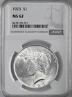 1923-P  $1 PEACE SILVER DOLLAR  "PHILADELPHIA MINT"  NGC MS62 #8678139-021