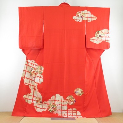 Visiting kimono Silk flower and butterfly pattern Orange 64.6inch Women's