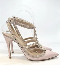 Valentino Garavani Rockstud Ankle Strap Pump Baby Pink w/ Gold Studs Sz EU 37.5