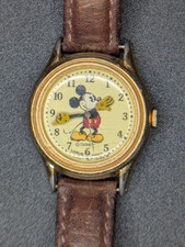 Disney Mickey Mouse Gold-Tone Watch Brown Leather Strap Stainless Back by Lorus