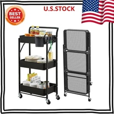 Foldable Rolling Cart 3 Tier Kitchen Storage Cart Assembly Folding Utility