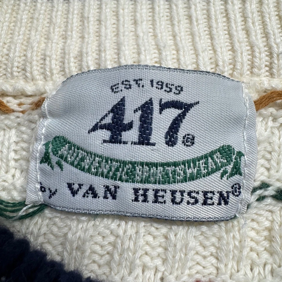 VTG Sweater Van Heusen 417 Large Chunky Grandpa Crewneck Cotton Cream - Image 4 of 4