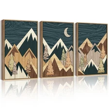 Morden Mountains Framed Wall Art 16x24in Boho Woodcut Pine Tree Forest Nature...