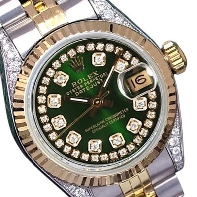 Rolex Datejust TwoTone Gold Steel String Green Diamond Dial Fluted Jubilee Watch