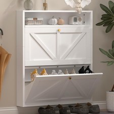 Metal Shoe Storage Cabinet with 2 Flip Drawers for Entryway, White/Black