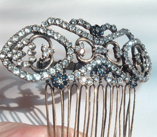 VICTORIAN BLUE AND WHITE RHINESTONE GOLDEN SLIDE SIDE HAIR COMB