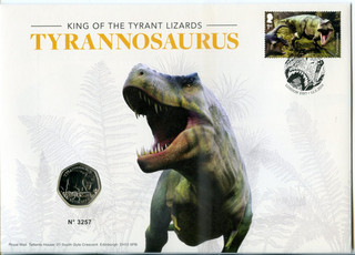 2024 T REX DINOSAUR ROYAL MAIL/MINT ILLUS. COVER SPECIAL UK 50p COIN VGC