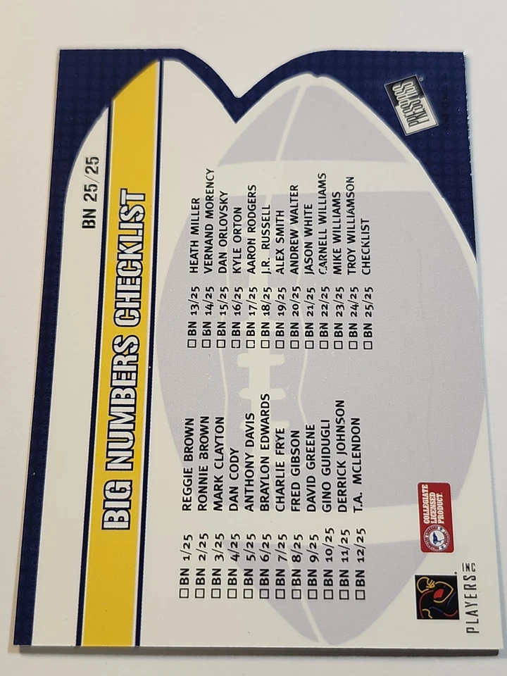 Tarjeta de radiocontrol Press Pass 2005 Aaron Rodgers Big Numbers lista de verificación # BN 25/25 Foto 2 de 2