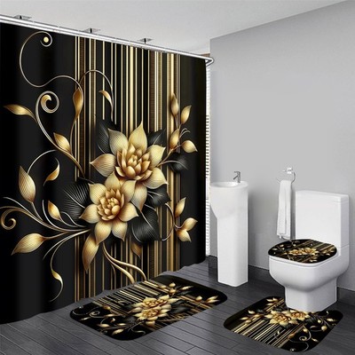AZHM 4pcs Shower Curtain Sets with Rugs Black Golden Flower Bathroom 