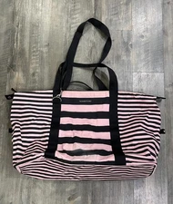 Victoria's Secret Carry On Travel Overnight Duffel Bag Striped Gym Pink Black
