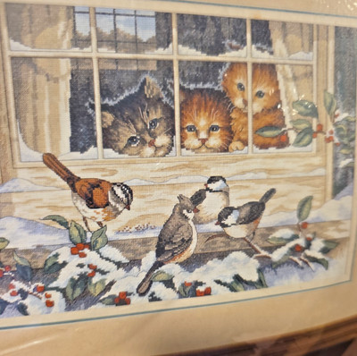 VTG Dimensions 3839 Counted Cross Stitch Kit 3 Bird Watchers Cats 1997 open