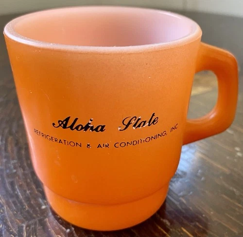 Rare  Vintage FIRE KING Orange Cup Mug D Handle Aloha Hawaiian Advertisement