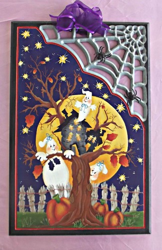 decoración de halloween, placa de pared, placa de tela de araña, fantasmas, casa embrujada, luna, árbol - Imagen 2 de 4