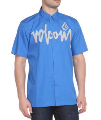 Volcom Stud Button Up Shirt Graphic Print Short Sleeve Blue Mens Medium