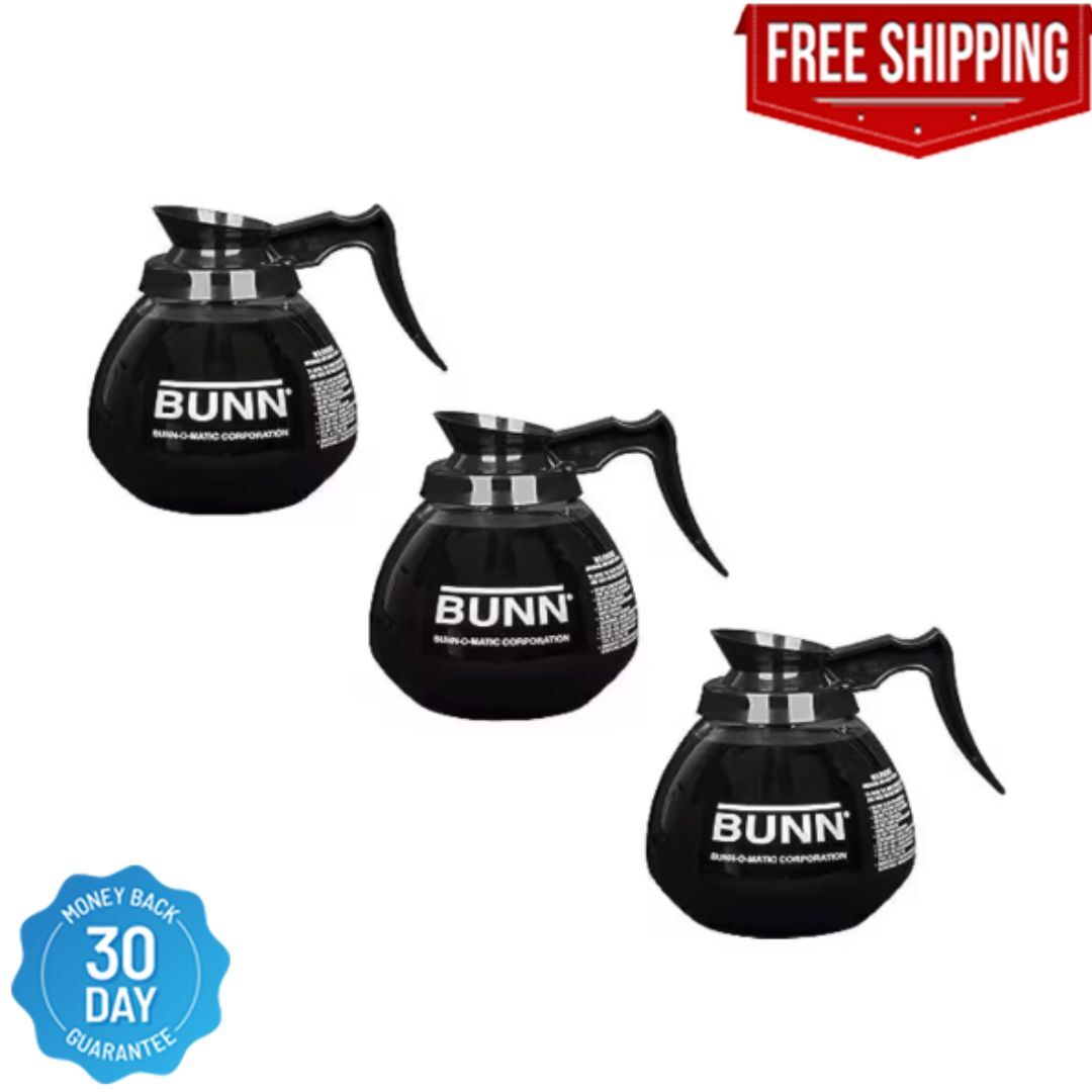 (3 Pack) Bunn 12-Cup Commercial Glass Decanter, Coffee Pot, Carafe, Black