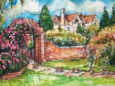 GARDEN & BUNNY RABBITS  ORIGINAL PAINTING Bunnies  Flowers Path Yard 11"x15" WC
