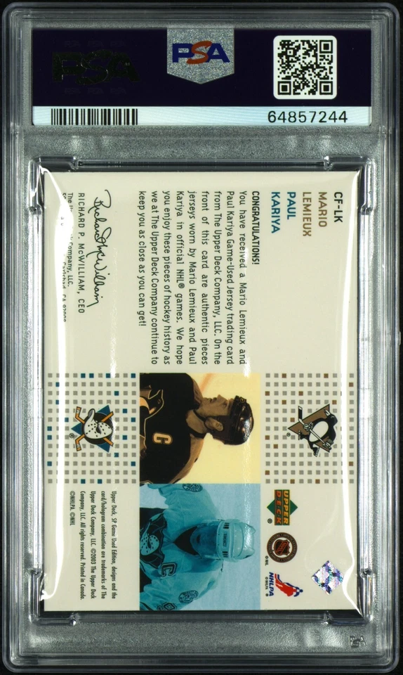 2002 SP Game Used Mario Lemieux Paul Kariya Authentic Fabrics G-U PSA 10 POP 1 - Image 2 of 2