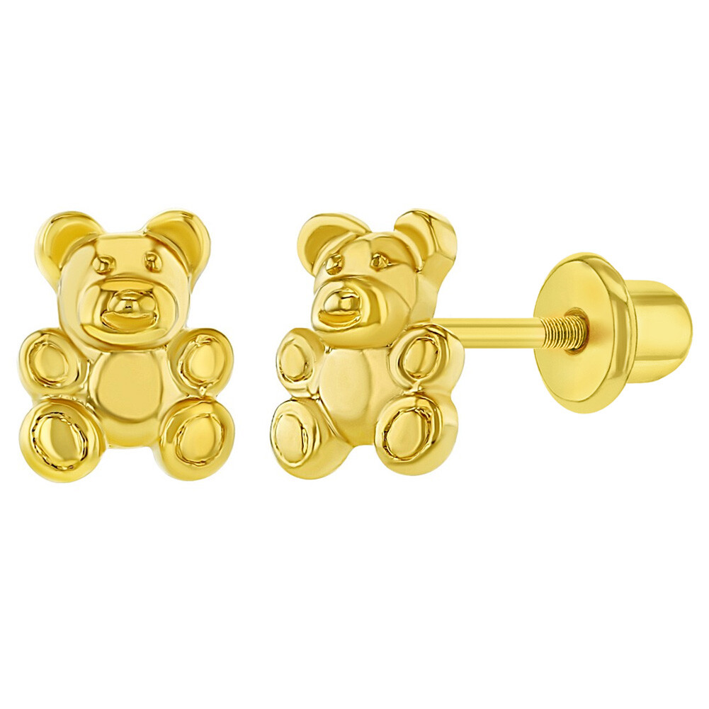 Gold Plated Small Teddy Bear Screw Back Earrings for Toddlers & Little