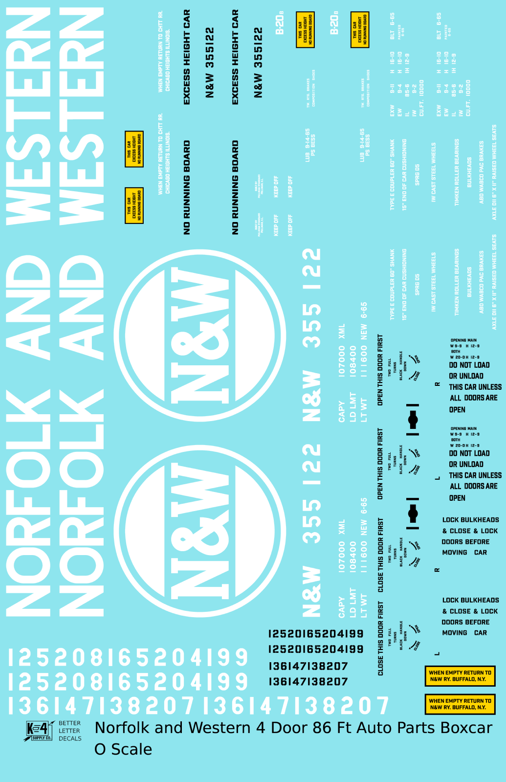 K4 O Scale Decals Norfolk and Western 4-Door 86 Ft Auto Parts Boxcar White