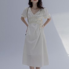 Retro Women Midi Dress Short Puff Sleeve V-neck Frill A-line Casual Party Chic