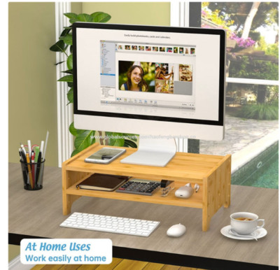 Adjustable Bamboo Monitor Stand Riser   3 Heights Desk Organizer for Home/Gaming