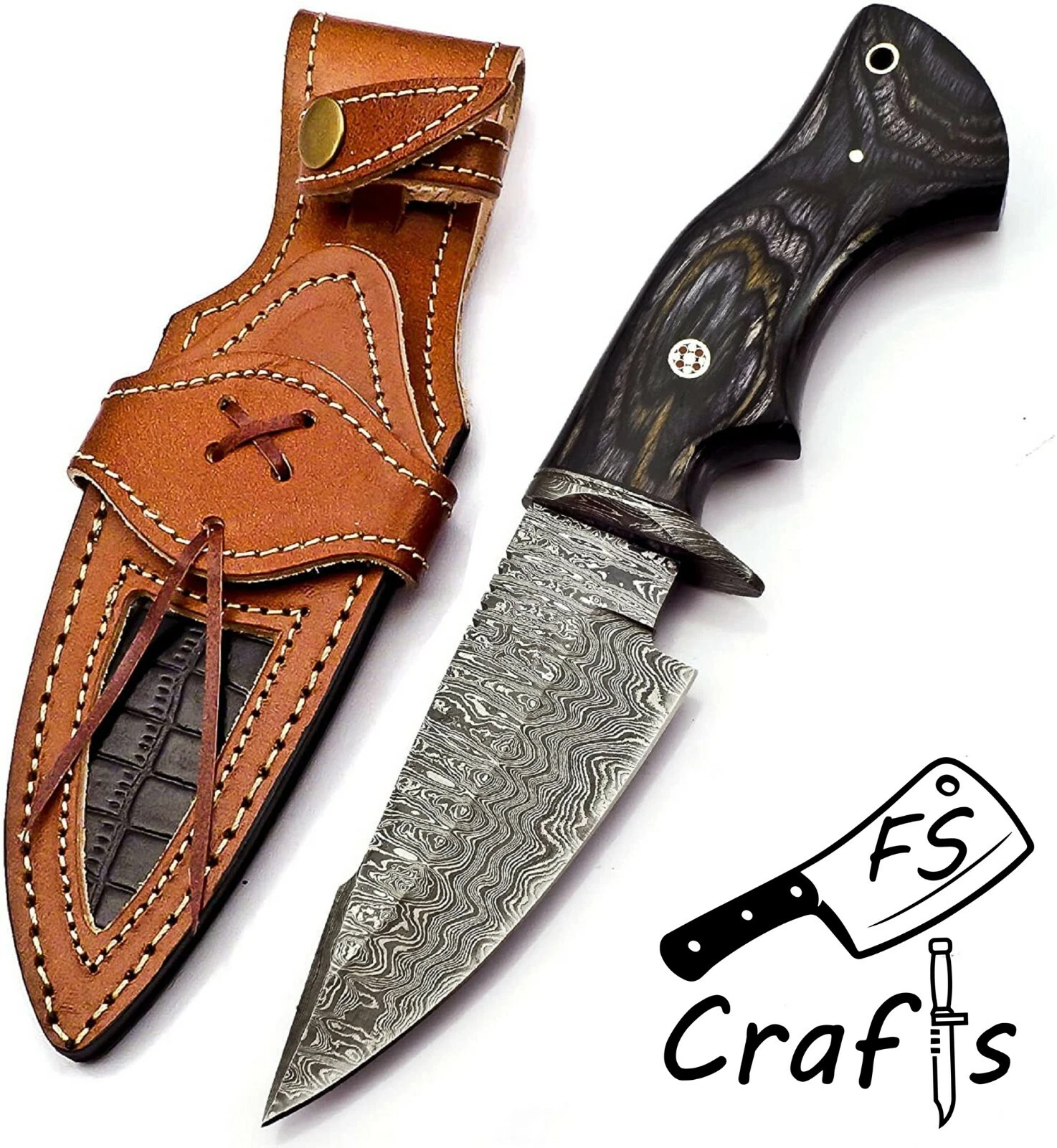 10" Handmade Damascus Steel Camping Hunting Knife Black Wood Handle Bowie Knife