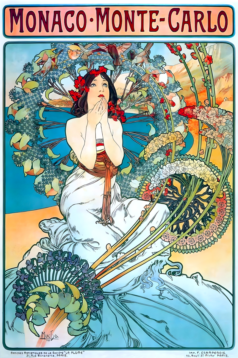 Monaco Monte Carlo Alphonse Mucha Art Nouveau Woman Flowers Poster