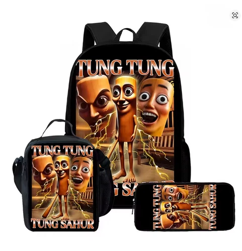 Italienischer Brainrot Tung Tung Sahur Schulrucksack Thermo Brotzeittasche Federtasche - Bild 36 von 54