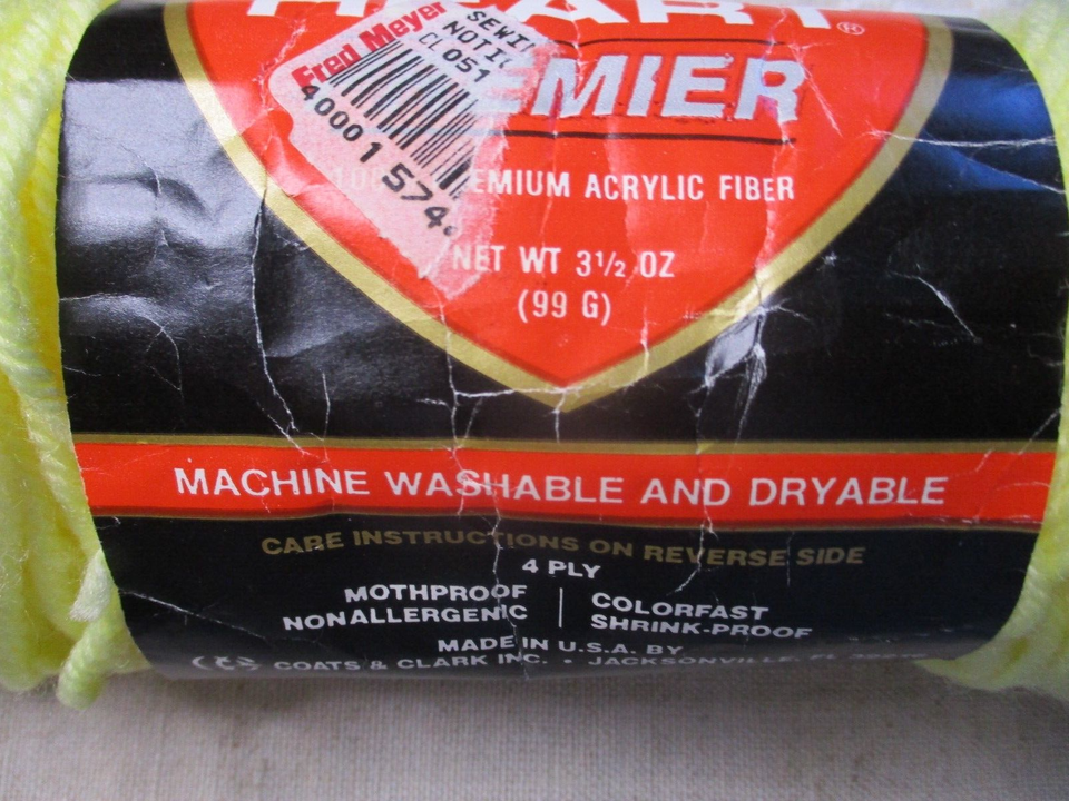 vintage Red Heart Premier, Light Yellow, 3.5 oz, worsted weight, 4 Ply