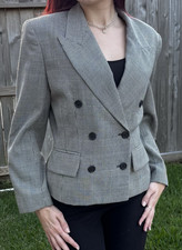 Vtg Ann Taylor90's Black White Houndstooth Double Breasted Blazer Size 12 Wool