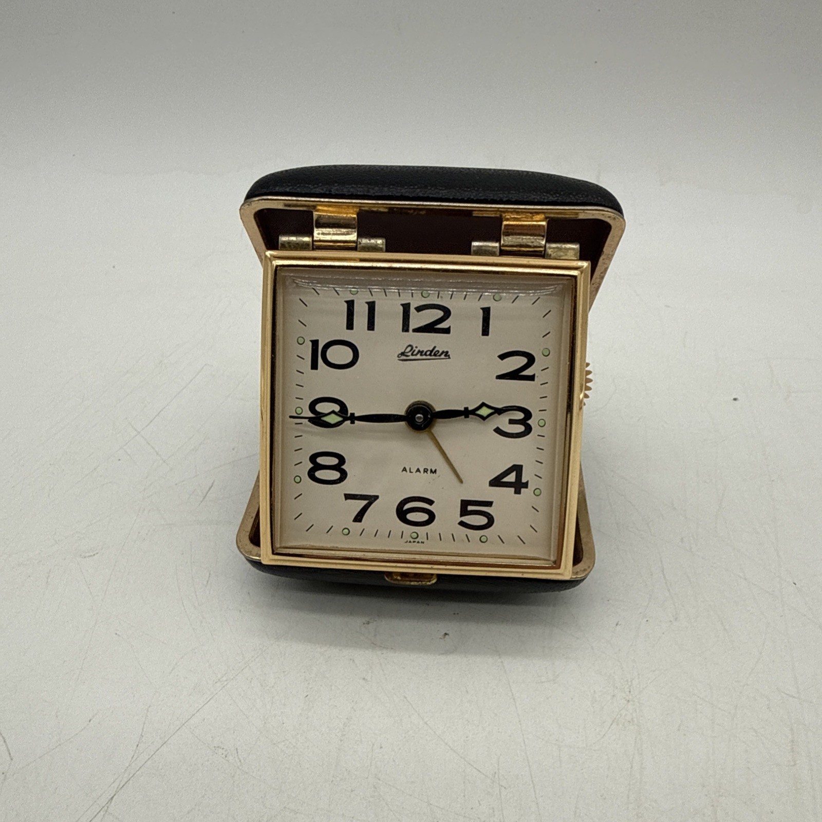 Vintage Linden Travel Alarm Clock Folding Black Gold Case Mechanical Windup